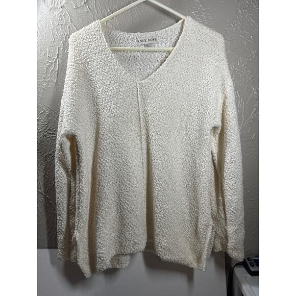Knox Rose Sweater Pullover V Neck Popcorn Ivory Cream Slit Sides Size Medium - Picture 1 of 5